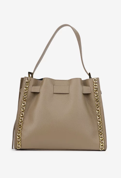 Geanta dama taupe din piele texturata cu ornament lant
