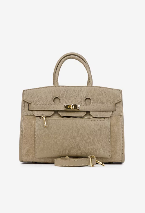 Geanta dama taupe din piele texturata si intoarsa