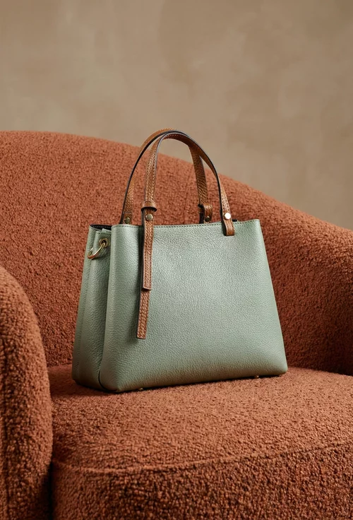 Geanta dama verde cu manere maro din piele texturata