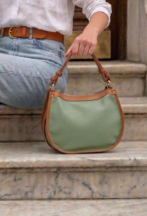 Geanta dama verde cu maro din piele texturata