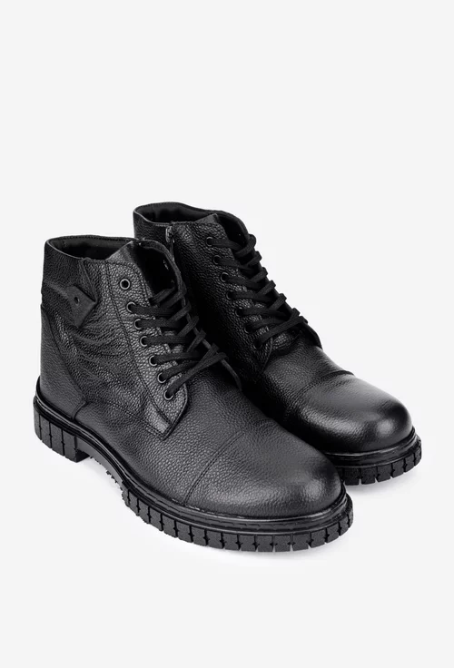 Ghete barbati negre din piele texturata cu siret si fermoar