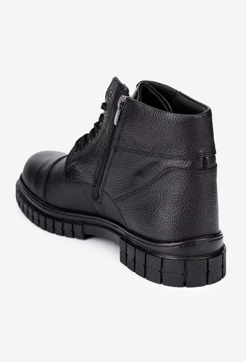 Ghete barbati negre din piele texturata cu siret si fermoar