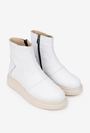 Ghete dama albe din piele naturala cu fermoar