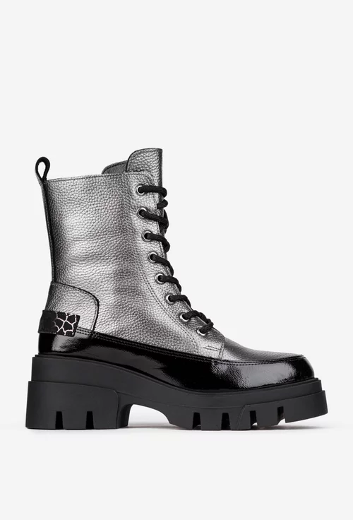 Ghete dama argintii cu negru din piele