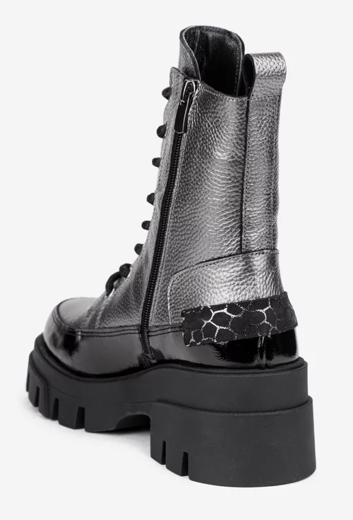 Ghete dama argintii cu negru din piele