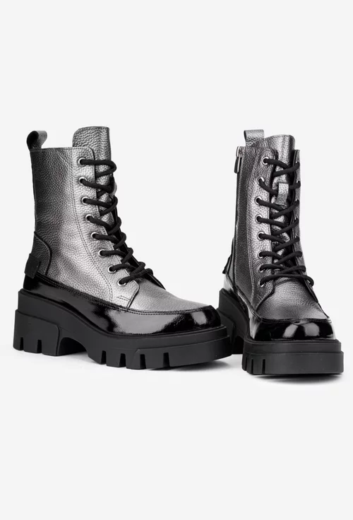 Ghete dama argintii cu negru din piele