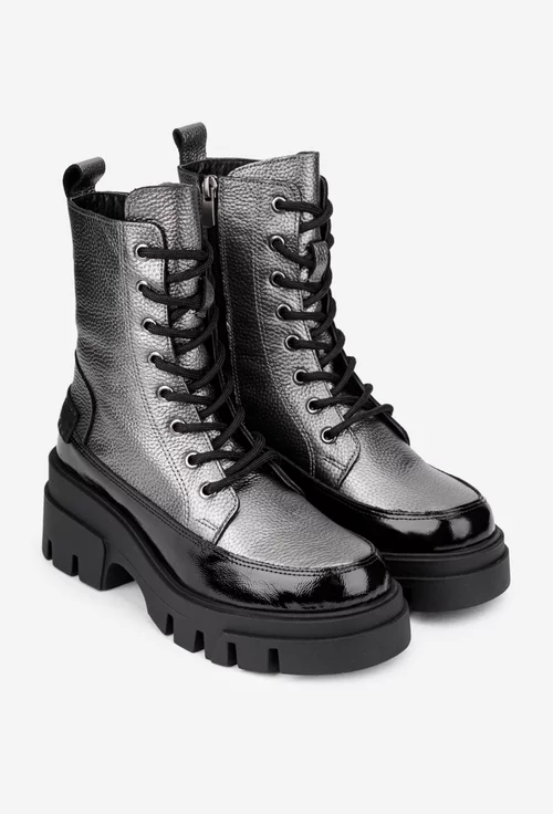 Ghete dama argintii cu negru din piele