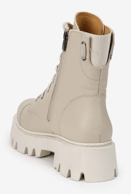 Ghete dama bej din piele cu detaliu elastic