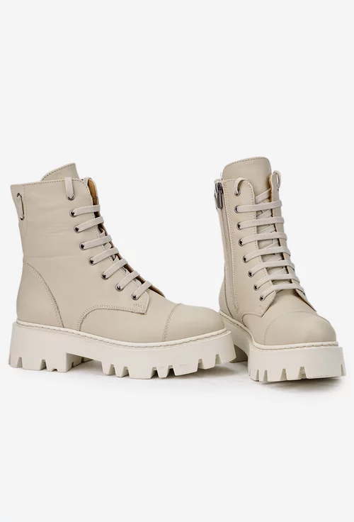 Ghete dama bej din piele cu detaliu elastic