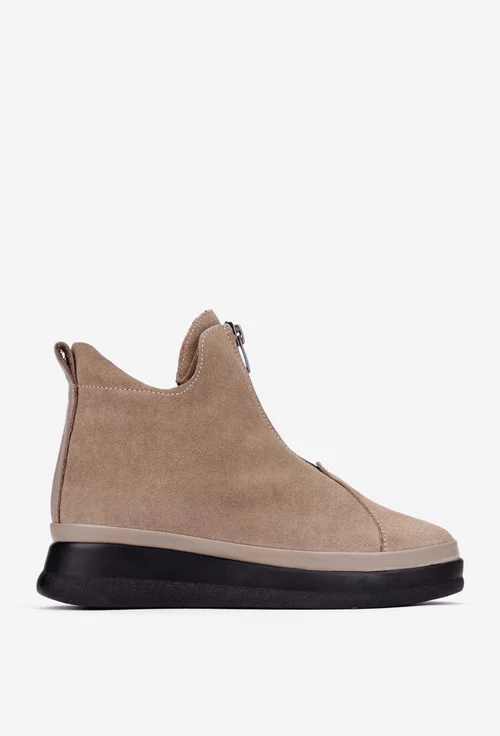 Ghete dama bej din piele intoarsa cu fermoar in fata