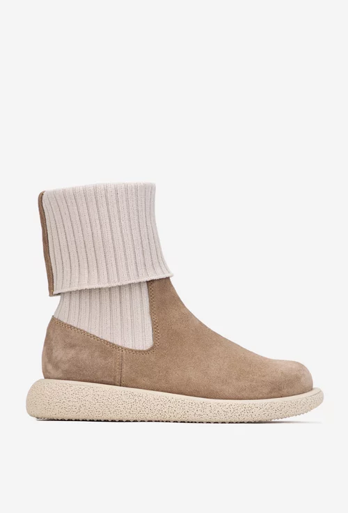 Ghete dama bej din piele intoarsa si material textil