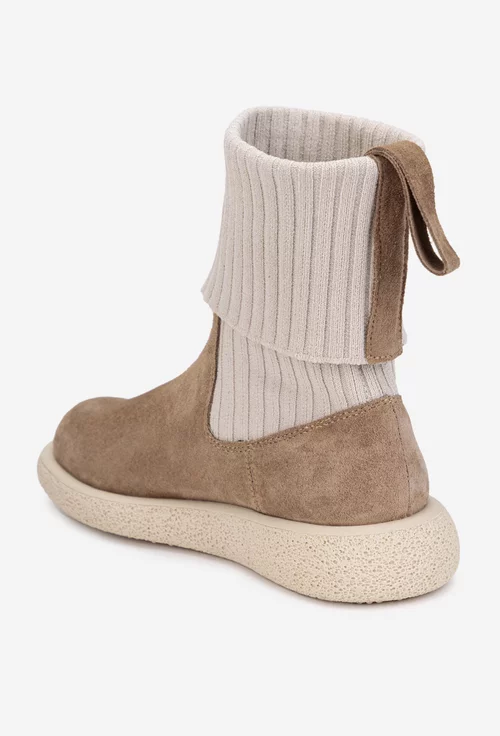 Ghete dama bej din piele intoarsa si material textil