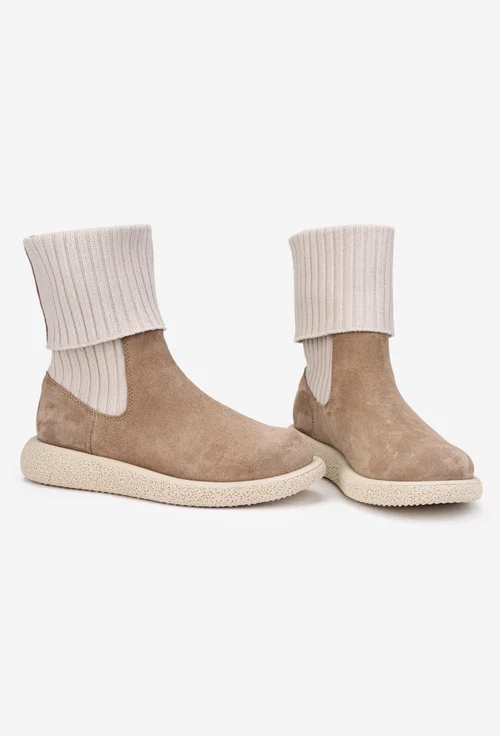 Ghete dama bej din piele intoarsa si material textil