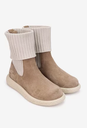 Ghete dama bej din piele intoarsa si material textil