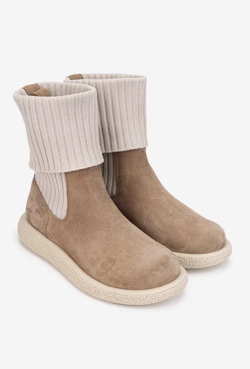Ghete dama bej din piele intoarsa si material textil