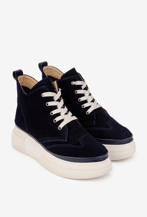 Ghete dama bleumarin din piele intoarsa cu talpa inalta