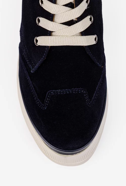 Ghete dama bleumarin din piele intoarsa cu talpa inalta