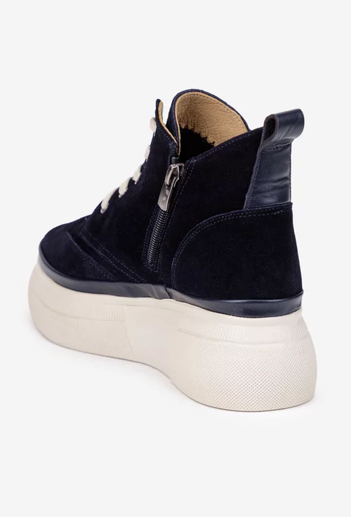 Ghete dama bleumarin din piele intoarsa cu talpa inalta