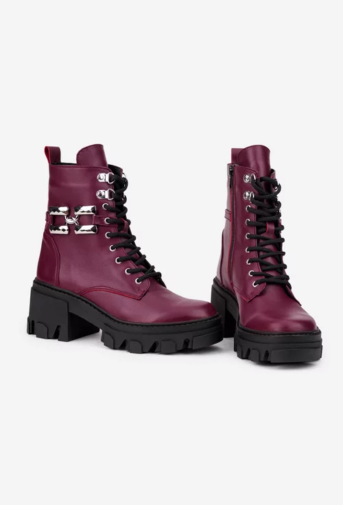 Ghete dama bordo din piele naturala cu ornament