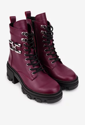 Ghete dama bordo din piele naturala cu ornament