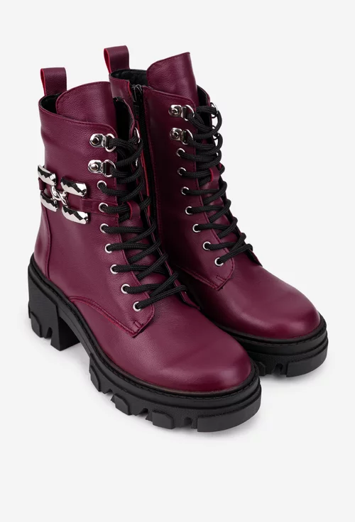 Ghete dama bordo din piele naturala cu ornament