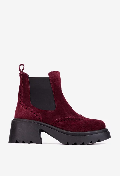 Ghete dama burgundy din piele intoarsa cu aspect perforat