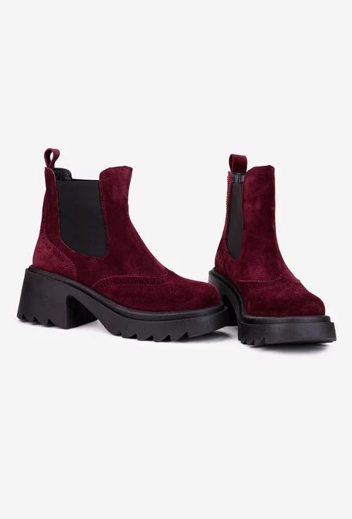 Ghete dama burgundy din piele intoarsa cu aspect perforat