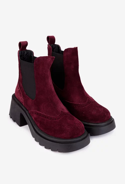 Ghete dama burgundy din piele intoarsa cu aspect perforat