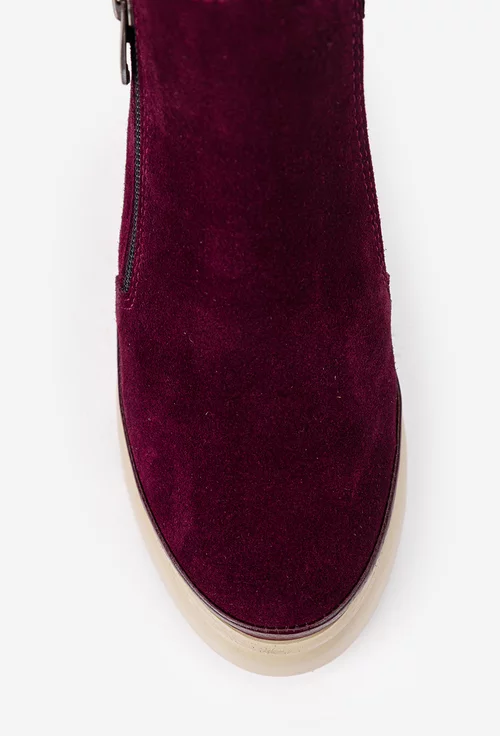 Ghete dama burgundy din piele intoarsa cu fermoare