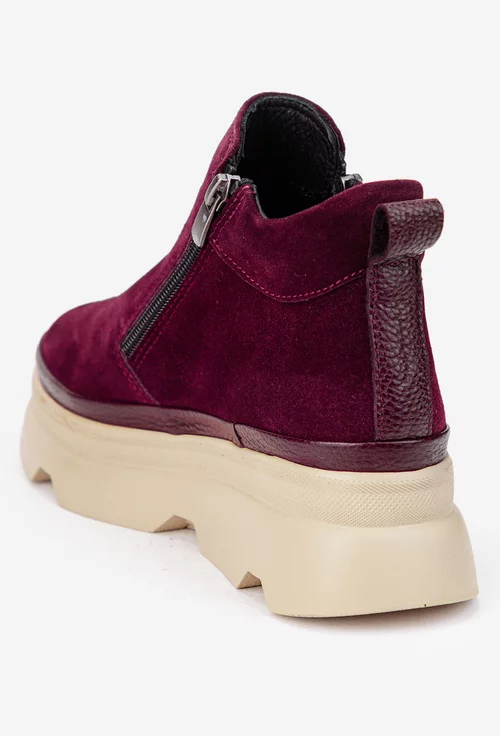 Ghete dama burgundy din piele intoarsa cu fermoare
