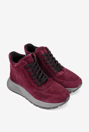 Ghete dama burgundy din piele intoarsa cu siret si fermoar lateral