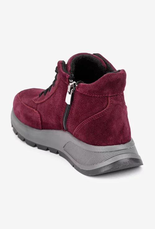 Ghete dama burgundy din piele intoarsa cu siret si fermoar lateral