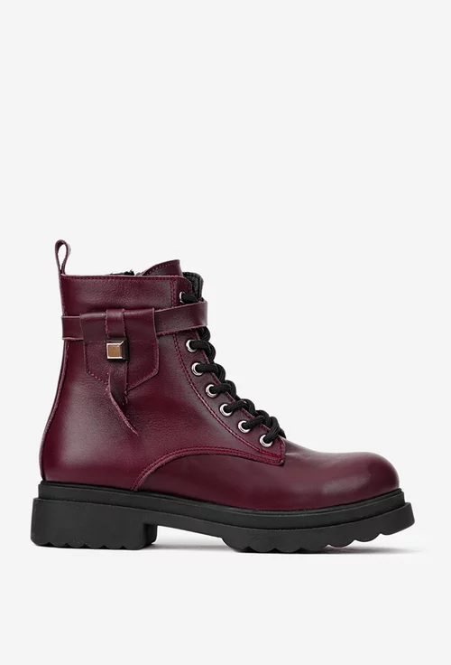 Ghete dama burgundy din piele naturala cu ornament