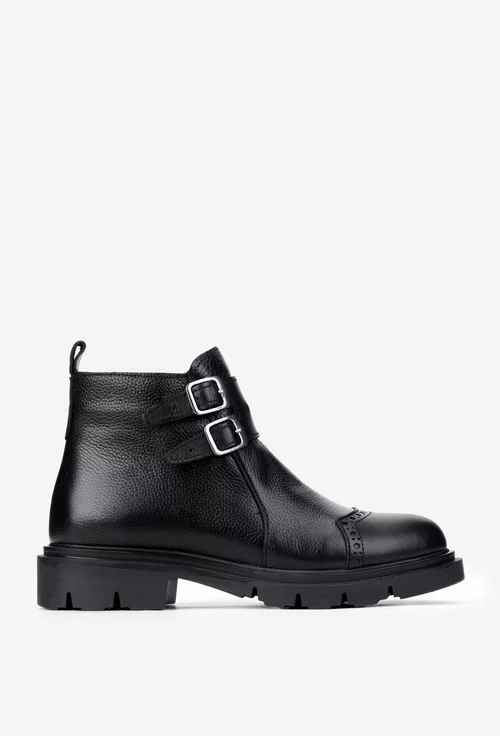 Ghete dama cu catarame din piele texturata neagra