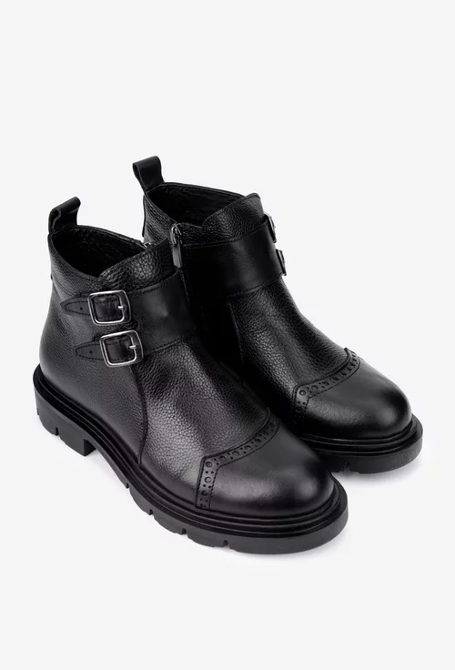 Ghete dama cu catarame din piele texturata neagra