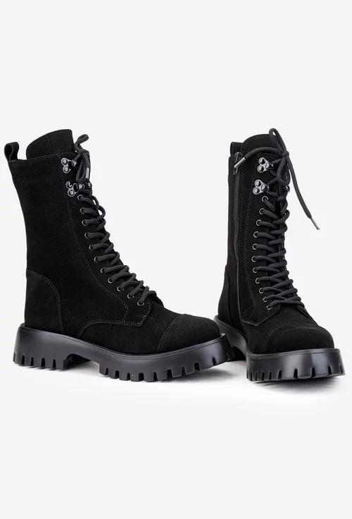 Ghete dama cu siret si fermoar din piele intoarsa neagra