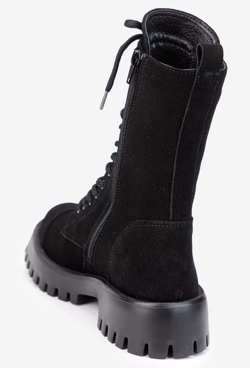 Ghete dama cu siret si fermoar din piele intoarsa neagra