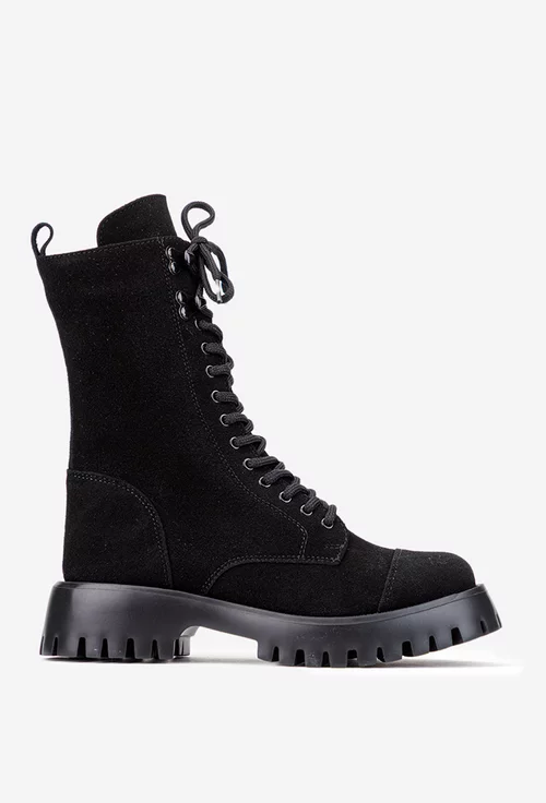 Ghete dama cu siret si fermoar din piele intoarsa neagra