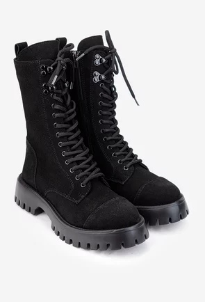 Ghete dama cu siret si fermoar din piele intoarsa neagra