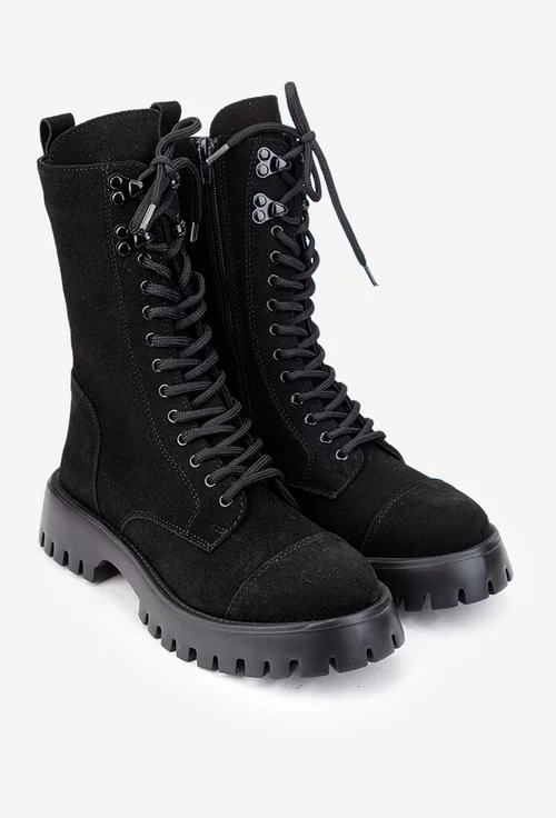 Ghete dama cu siret si fermoar din piele intoarsa neagra