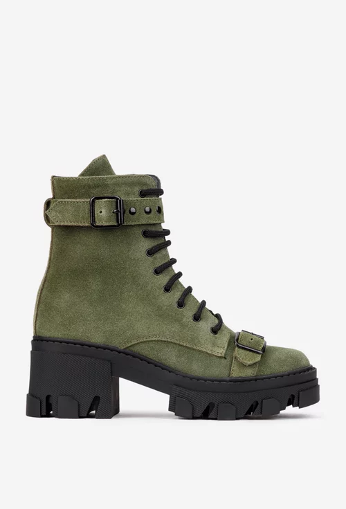 Ghete dama din piele intoarsa kaki accesorizate