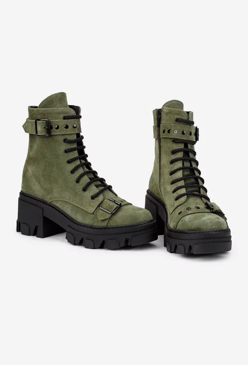 Ghete dama din piele intoarsa kaki accesorizate