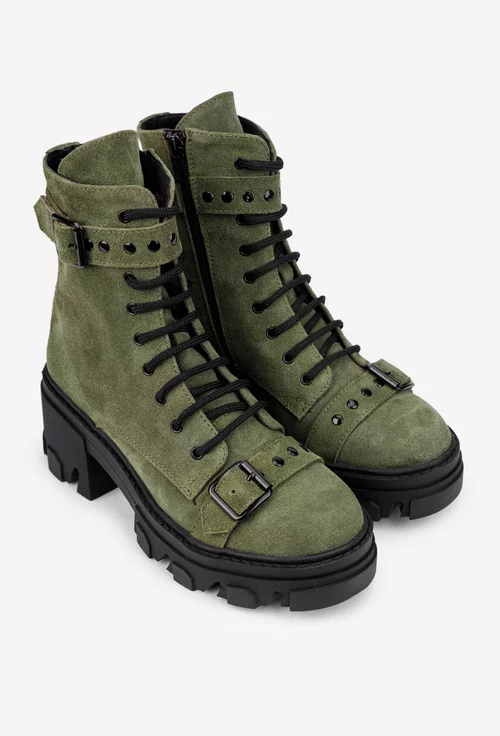 Ghete dama din piele intoarsa kaki accesorizate