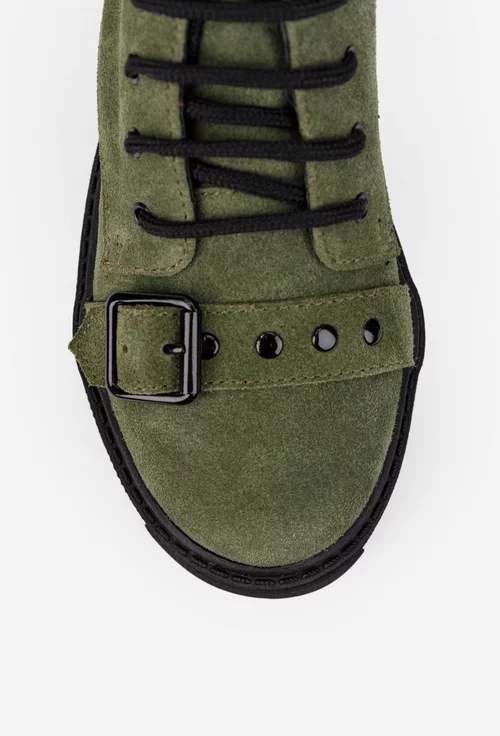 Ghete dama din piele intoarsa kaki accesorizate