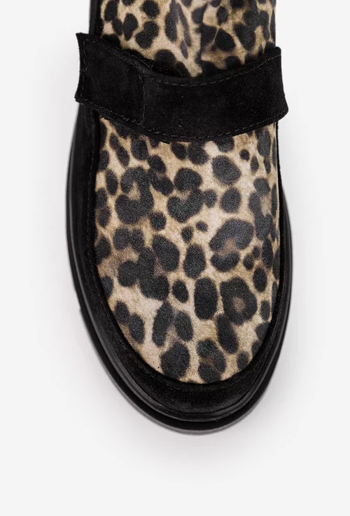 Ghete  dama din piele intoarsa neagra cu animal print