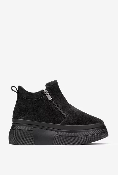 Ghete dama din piele intoarsa neagra cu doua fermoare