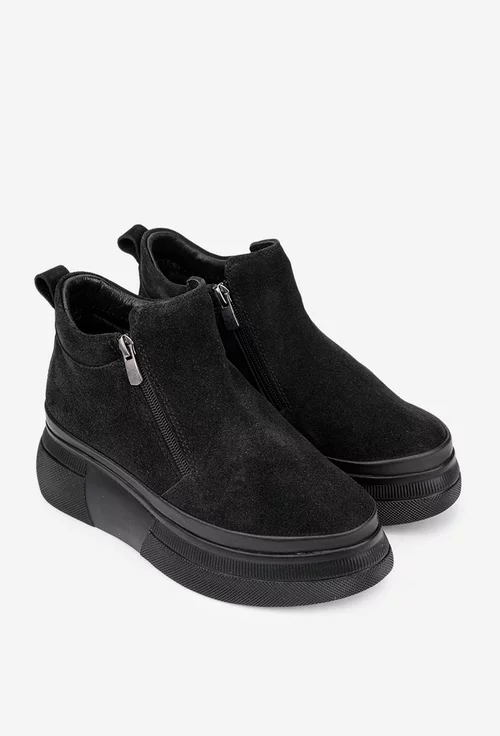 Ghete dama din piele intoarsa neagra cu doua fermoare