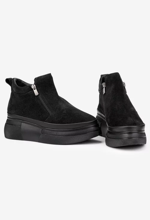 Ghete dama din piele intoarsa neagra cu doua fermoare