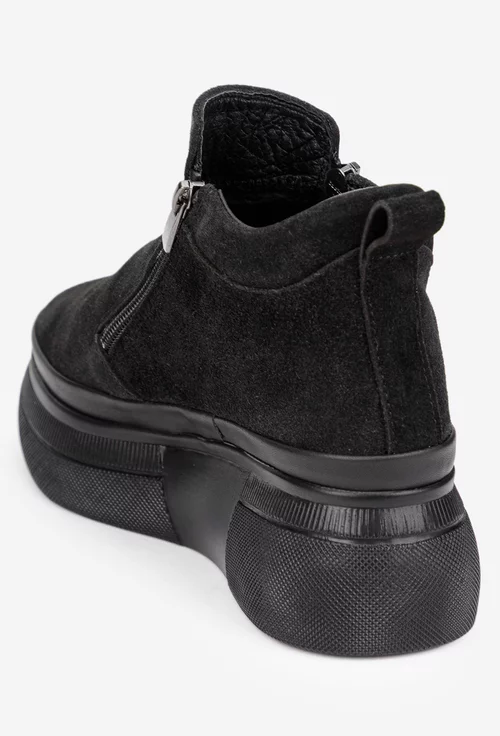 Ghete dama din piele intoarsa neagra cu doua fermoare