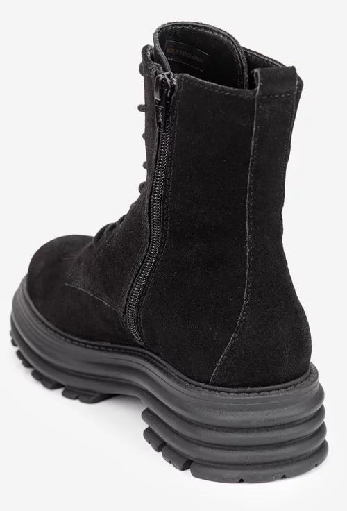 Ghete dama din piele intoarsa neagra cu siret si fermoar